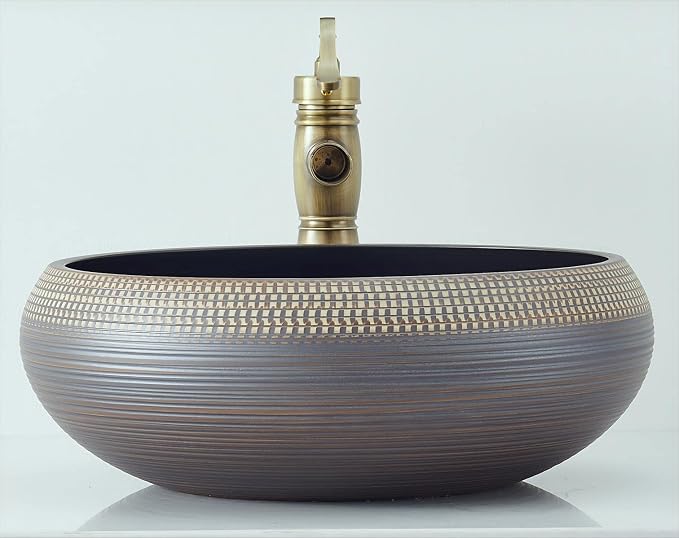 16 Inch Round Vessel Sink - Brown & Black Porcelain Ceramic Art Basin, Handmade Countertop Bathroom Sink Bowl