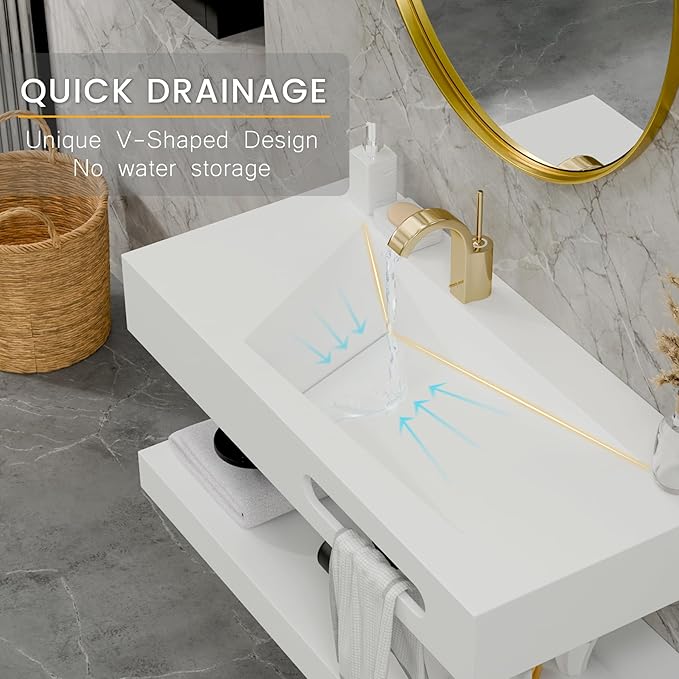 QJ&XY Resin Bathroom Sink 40" Wall Mounted V-Shaped White Basin with Towel Rack, Floating Vanity Sink in Soft-Touch Finish (Double Tier)