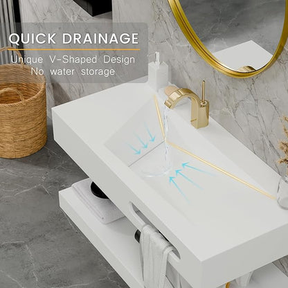 QJ&XY Resin Bathroom Sink 40" Wall Mounted V-Shaped White Basin with Towel Rack, Floating Vanity Sink in Soft-Touch Finish (Double Tier)