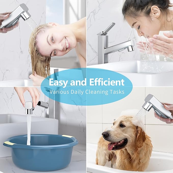MIAOHUI Vessel Sink Faucet with Pull Out Sprayer, 3 Spray Mode Tall Bathroom Sink Faucet, High Bathroom Faucets for Sink 1 Hole, Single Handle Modern Vanity Faucet with Fountain Mode, Chrome