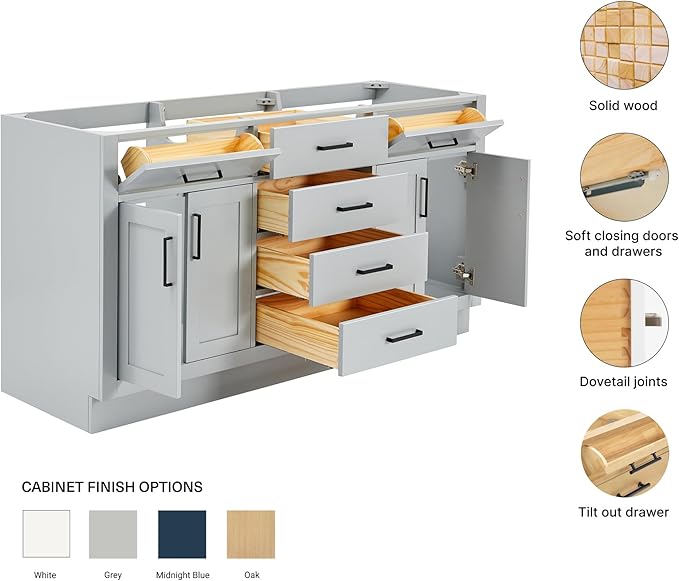 ARIEL Hepburn 66-inch Bathroom Vanity Base Cabinet,Solid Wood, 4 Soft Closing Doors, 6 Dovetail Drawers, Grey