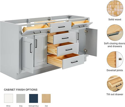 ARIEL Hepburn 66-inch Bathroom Vanity Base Cabinet,Solid Wood, 4 Soft Closing Doors, 6 Dovetail Drawers, Grey