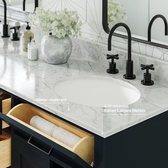 ARIEL Hepburn 66-inch Bathroom Vanity with Sink,Solid Wood, 0.75-inch Italian Carrara Marble Countertop, Double Oval Porcelain Sink, 4 Soft Closing Doors, 6 Dovetail Drawers, Midnight Blue