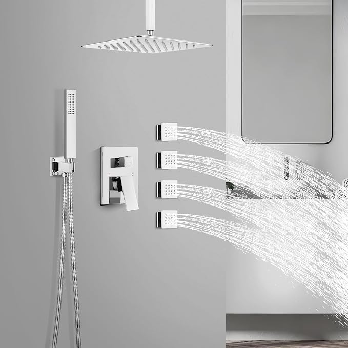 gotonovo Ceiling Shower System with 4pcs Full Body Jets,Polished Chrome | SUS304 12’’ Rain Shower Head with Handheld Spray,Brass Body Message Jets,Ceiling Mount,Rough-in Valve and Trim Kit,All Metal