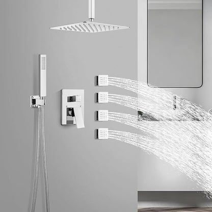 gotonovo Ceiling Shower System with 4pcs Full Body Jets,Polished Chrome | SUS304 12’’ Rain Shower Head with Handheld Spray,Brass Body Message Jets,Ceiling Mount,Rough-in Valve and Trim Kit,All Metal