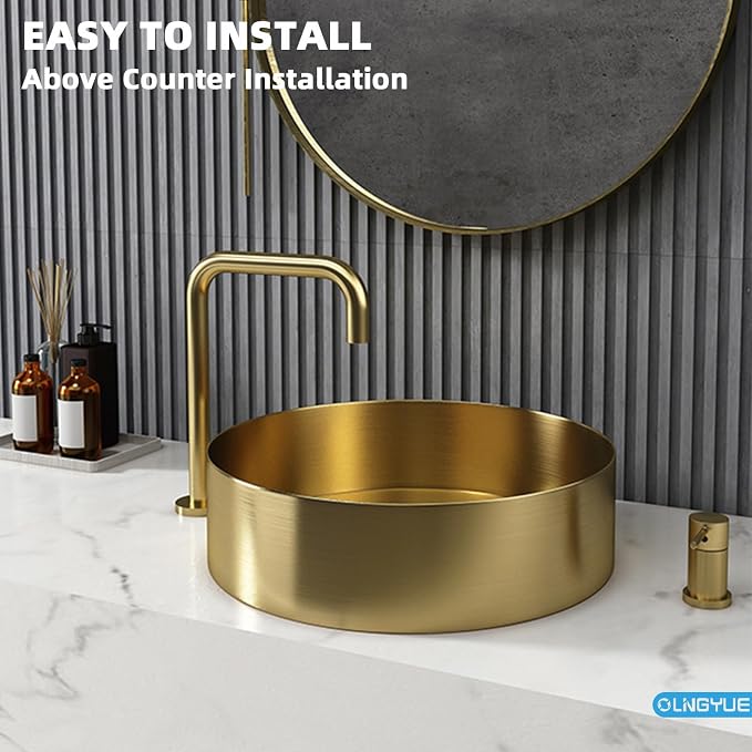 Brushed Gold Bathroom Vessel Sink: 16" Modern Round Countertop Washbasin | Above Counter Lavatory Basin with Stainless Steel PVD Coating Pop Up Drain for Home Hotel Office Toilet Decoration Remodeling