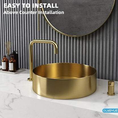 Brushed Gold Bathroom Vessel Sink: 16" Modern Round Countertop Washbasin | Above Counter Lavatory Basin with Stainless Steel PVD Coating Pop Up Drain for Home Hotel Office Toilet Decoration Remodeling