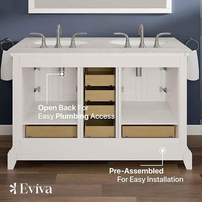 Eviva Elite Stamford 48 in. White Double Sink Bath Vanity with Carrara Quartz Top