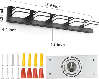 GOODATE 3 Color Temperature Dimmable Vanity Lighting Fixtures, LED Black 5 Light Bathroom Vanity Light Fixtures, Acrylic Stainless Steel Square Shade Vanity Lights for Bathroom, ETL Certificated