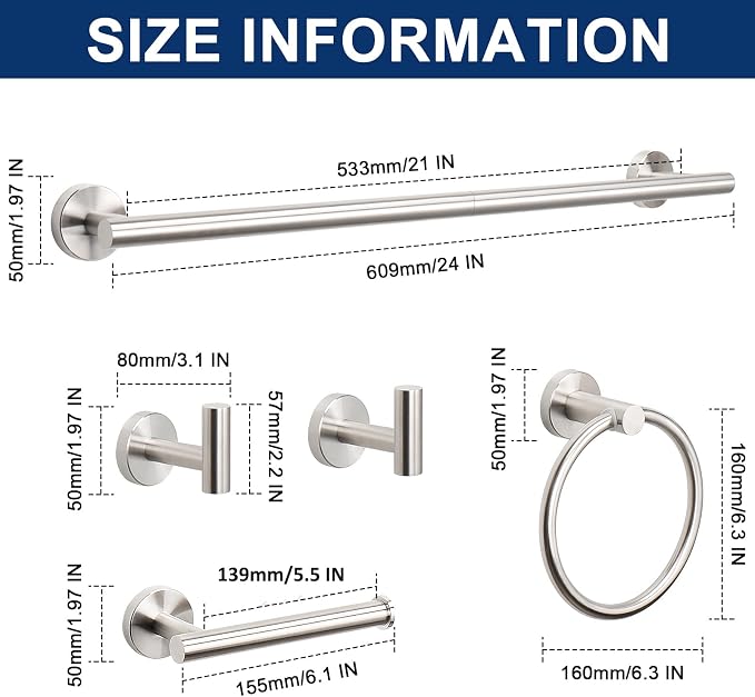 NearMoon 5 Pieces Bathroom Hardware Set SUS304 Thicken Stainless Steel-Towel Rack Kit Include 24" Towel Rod +Bath Towel Ring +Toilet Paper Holder +2 Robe Towel Hooks Bath Accessories (Nickel)