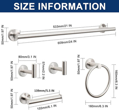 NearMoon 5 Pieces Bathroom Hardware Set SUS304 Thicken Stainless Steel-Towel Rack Kit Include 24" Towel Rod +Bath Towel Ring +Toilet Paper Holder +2 Robe Towel Hooks Bath Accessories (Nickel)