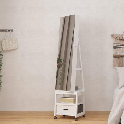 GAOMON 360° Swivel Jewelry Armoire, Floor Standing Locking with Full Length Mirror, Inside Makeup Mirror, Bottom Drawer, Rear Storage Shelves, Wheels, Cabinet with Large Storage Capacity, White