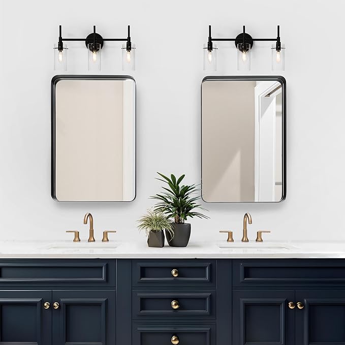 Bathroom Light Fixtures, Black Vanity Lights for Bathroom, 3 Light Bathroom Vanity Light, Black Wall Sconces Lighting with Clear Glass Shades
