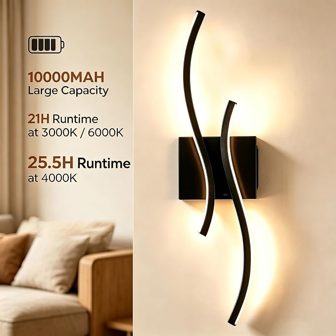 Battery Operated USB Rechargeable Wall Sconce, Black Dimmable LED | Wireless Wall Light with Remote Control, 10000mAh, 3000K-6000K, Minimalist, For Bedroom Hallway Background Staircase, 1 Pack