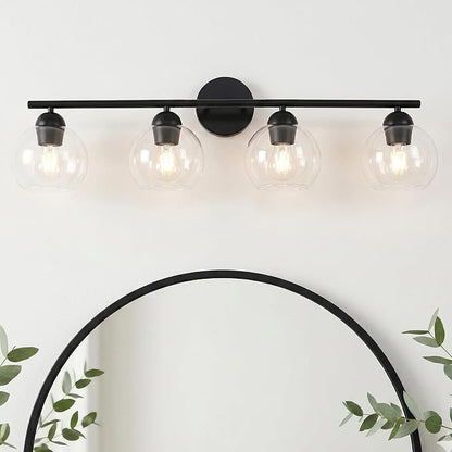 4 Light Bathroom Vanity Light, Black Vanity Light with Globe Glass Shades, Farmhouse Bathroom Light Fixtures Over Mirror, Modern Wall Light Fixture for Bedroom Hallway, E26 Socket