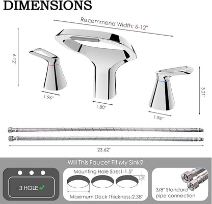 Bathroom Faucets for Sink 3 Hole, Bezeit 8 Inch Widespread Bathroom Faucet with Waterfall Spout, Solid Brass Chrome Faucet with 2 Handles and Water Supply Hoses