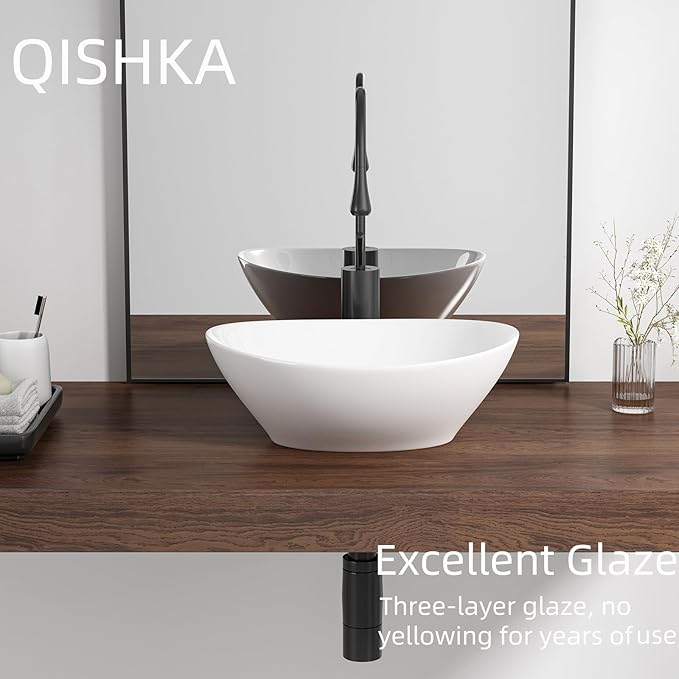 Oval Bathroom Vessel Sink Above Counter, QISHKA 16" x 13" Countertop Vanity Sink Modern Art Basin Lavatory White Ceramic White Bowl Sink