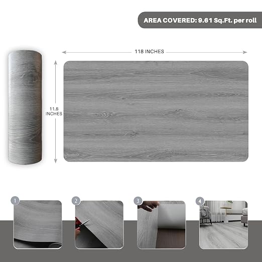 Wood Grain Peel and Stick Floor Tiles, 11.8" x 118", Soft Gray Oak | Soft wood‑look finish, Non‑slip texture, Easy to cut, Low‑maintenance surface, Good for renters, Works on many surfaces