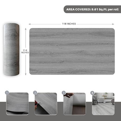 Wood Grain Peel and Stick Floor Tiles, 11.8" x 118", Soft Gray Oak | Soft wood‑look finish, Non‑slip texture, Easy to cut, Low‑maintenance surface, Good for renters, Works on many surfaces