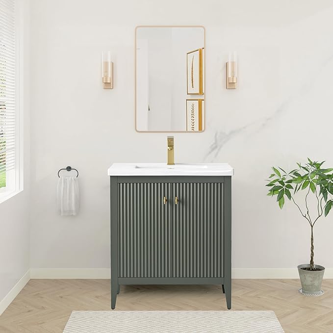 HOMEBEYOND 30" Bathroom Vanity with Ceramic Sink, Solid Wood Free-Standing Vanities Cabinet, Ceramic Top, Golden Brushed Handware & Soft Closing Door, Vintage Green