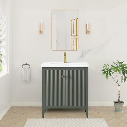 HOMEBEYOND 30" Bathroom Vanity with Ceramic Sink, Solid Wood Free-Standing Vanities Cabinet, Ceramic Top, Golden Brushed Handware & Soft Closing Door, Vintage Green