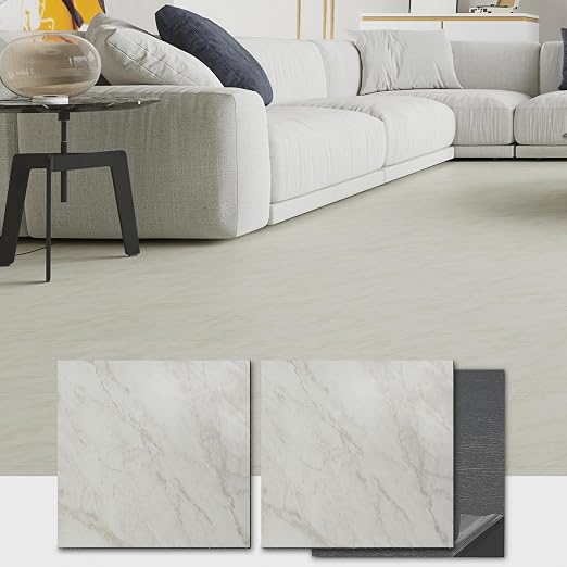 12" x 12" Peel and Stick Floor Tile, 10 Tiles Water-Resistant Vinyl Flooring, Grayish White Marble Peel and Stick Tile for Kitchen, Bedroom, Self Adhesive DIY Floor Tiles