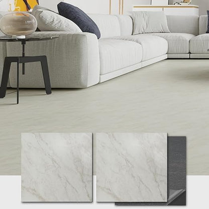 12" x 12" Peel and Stick Floor Tile, 10 Tiles Water-Resistant Vinyl Flooring, Grayish White Marble Peel and Stick Tile for Kitchen, Bedroom, Self Adhesive DIY Floor Tiles