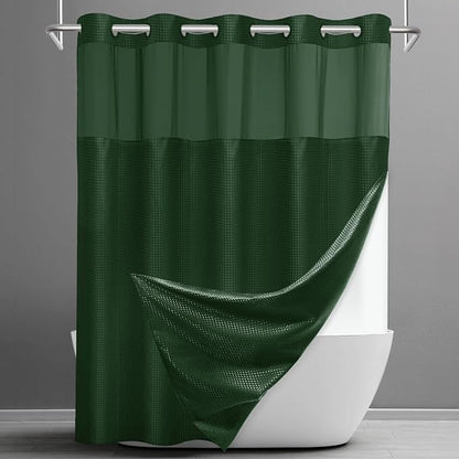 SORTTO No Hook Shower Curtain with Snap in Liner Set Waffle Shower Curtain for Bathroom Hotel Style Fabric Waterproof Inner Liner，71" W x 74" H, Dark Green