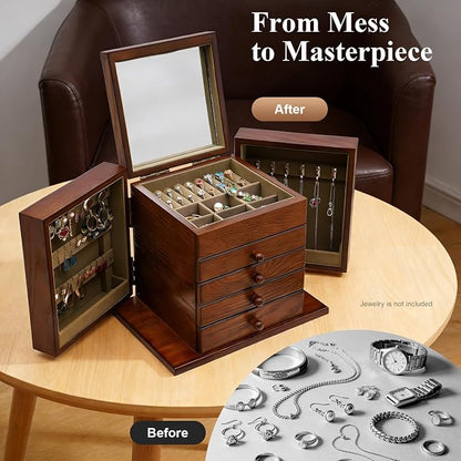 Extra Large Four-Leaf Carved 5 Layers Wooden Jewelry Box Jewelry Case Cabinet Armoire Ring Necklacel Gift Storage Box Organizer (5 Layers,Brown,Style 2)