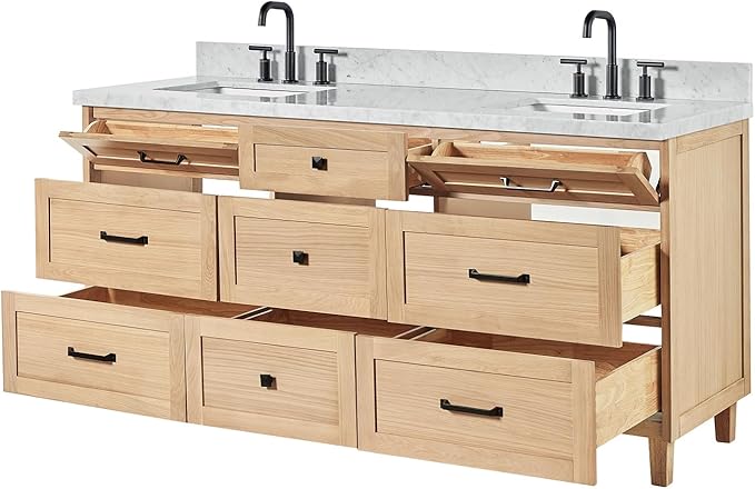 ARIEL Monroe 72-inch Bathroom Vanity with Sink,Solid Wood, 1.5-inch Italian Carrara Marble Countertop & Backsplash, Double Oval Porcelain Sink, 9 Dovetail Drawers, Matte Black, White Oak