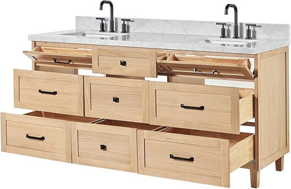 ARIEL Monroe 72-inch Bathroom Vanity with Sink,Solid Wood, 1.5-inch Italian Carrara Marble Countertop & Backsplash, Double Oval Porcelain Sink, 9 Dovetail Drawers, Matte Black, White Oak