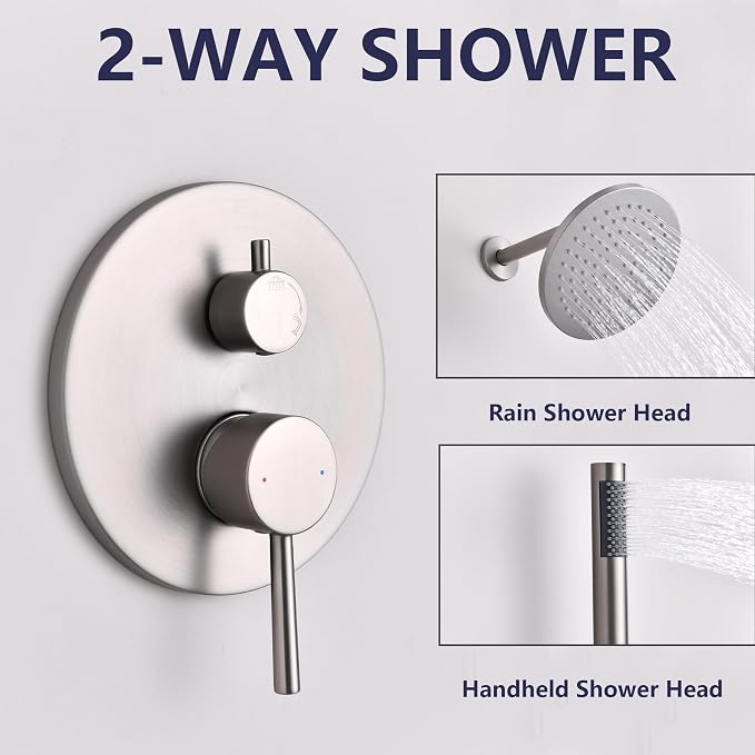 Shower System, All Metal Shower Faucet Set, Brushed Nickel | 8" Rainfall Shower Head and Handheld Spray Combo, Round Shower Head and Handle Set with Valve and Trim Kit
