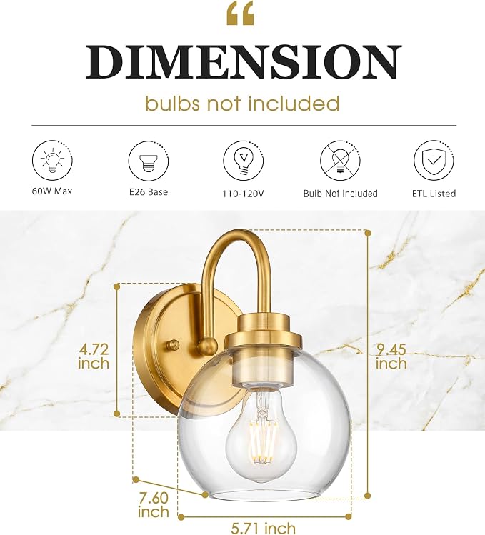 Brushed Gold Wall Sconces Set of 2 with Globe Clear Glass Shade | Modern design, hardwired, E26 socket, suited for bathroom mirror side, bedside, hallway, or entryway, AD-22280-1W2-GD