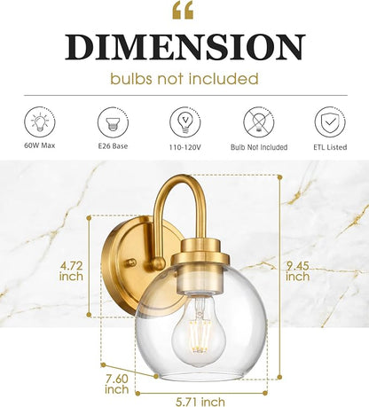 Brushed Gold Wall Sconces Set of 2 with Globe Clear Glass Shade | Modern design, hardwired, E26 socket, suited for bathroom mirror side, bedside, hallway, or entryway, AD-22280-1W2-GD