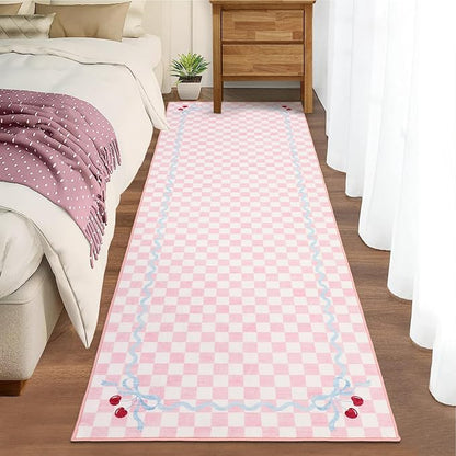 Garvee Washable Runner Rug 2x6 Non Slip Blush Pink Checkered Cherry | Coquette Aesthetic Decor Kitchen Rugs Low Pile Entryway Rug Soft Stain Resistant Carpet for Bedroom Bathroom Hallway Laundry