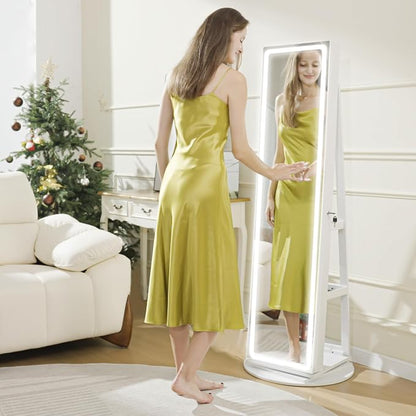 Mirror Jewelry Cabinet Standing, Jewelry Armoire | with Full-Length LED Mirror and Adjustable Lights, 360° Swivel Jewelry Organizer Storage