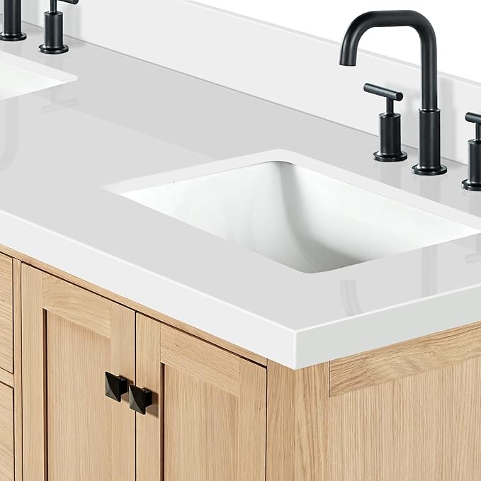 ARIEL Cambridge 66-inch Bathroom Vanity with Sink,Solid Wood, 1.5-inch Pure White Quartz Countertop, Double Rectangular Porcelain Sink, 4 Soft Closing Doors, 6 Dovetail Drawers, White Oak