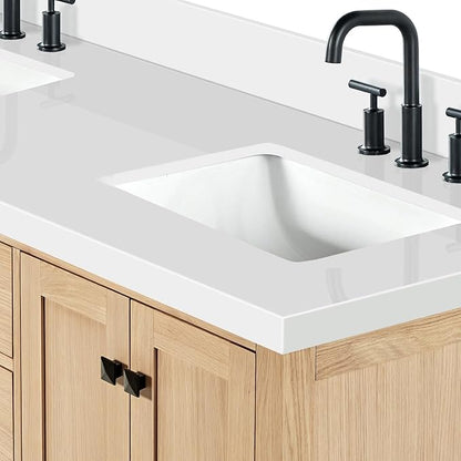 ARIEL Cambridge 66-inch Bathroom Vanity with Sink,Solid Wood, 1.5-inch Pure White Quartz Countertop, Double Rectangular Porcelain Sink, 4 Soft Closing Doors, 6 Dovetail Drawers, White Oak