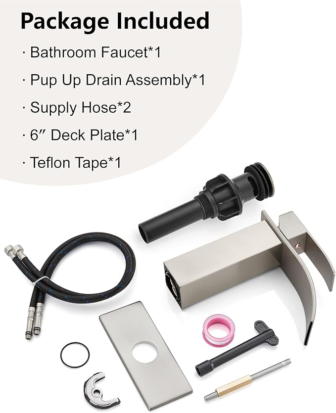 Midanya Bathroom Faucet with Waterfall Spout, Single Hole or 3-Hole Deck Mount, 304 Stainless Steel Sink Faucet with Pop-Up Drain, RV Vanity Compatible,Brushed Nickel