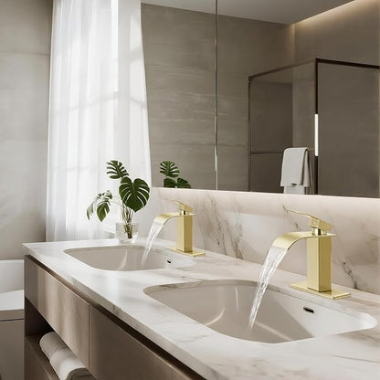 Bathroom Faucets Brushed Gold Waterfall Bathroom Sink Faucet 2 Pack | with Pop-up Drain & Deck,Supply Hoses,Single Handle Vanity Faucet,Stainless Steel,1 or 3 Hole,RV,Farmhouse Bathrooms