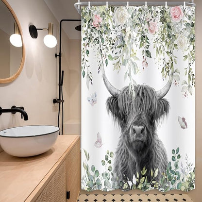 Highland Cow Shower Curtain, Floral Eucalyptus & Butterfly Farmhouse Bathroom Decor, Waterproof Washable Polyester Fabric, Shower Curtains Set with Hooks 48X72inch.
