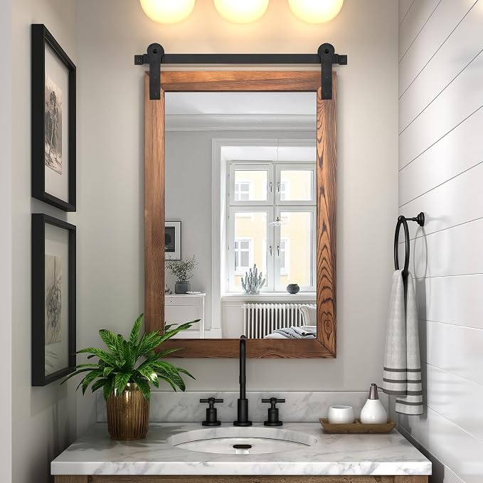 COGOOD Farmhouse Bathroom Mirrors for Over Sink - 30 x 22 Brown | Rustic Barn Door Wood Framed Vanity Mirror for Entryway, Living Room, Bedroom, Dresser Wall Decor