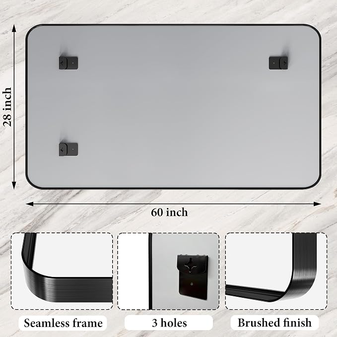 60X28 Inch Black Metal Framed Bathroom Mirror for Wall, Matte Framed Rounded Rectangular Modern Mirrors for Over Sink, Anti-Rust, HD Tempered Glass, Farmhouse, Hangs Horizontally or Vertically