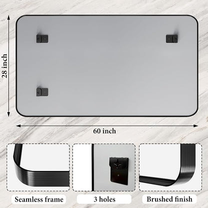60X28 Inch Black Metal Framed Bathroom Mirror for Wall, Matte Framed Rounded Rectangular Modern Mirrors for Over Sink, Anti-Rust, HD Tempered Glass, Farmhouse, Hangs Horizontally or Vertically