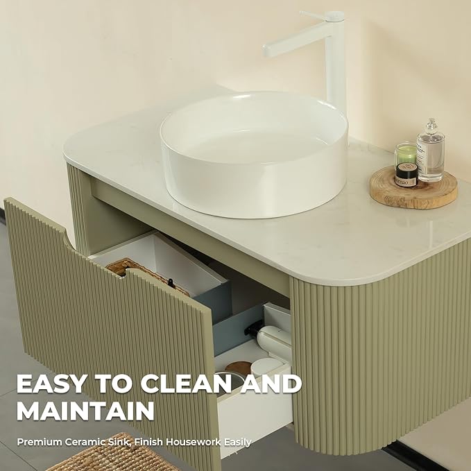 LKTART 36 Inch Green Floating Bathroom Vanity with Sink, Modern Wall Mounted Bathroom Storage Cabinet with Drawer, Round White Ceramic Sink Top and Marble Texture Top