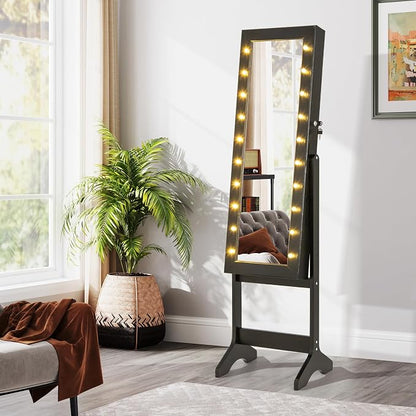 GOFLAME Jewelry Armoire Cabinet Standing, Lockable Full Length Mirror with Storage Shelves and 2 Drawers, Adjustable Tilt Angles, Stand Up Jewelry Box with Lighted Mirror (Black)
