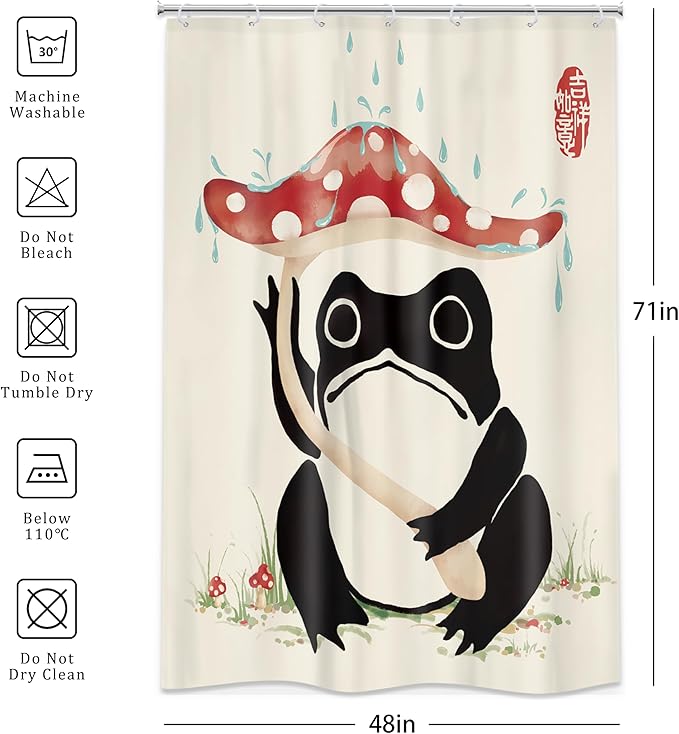 LGhtyro Funny Frog Shower Curtain Bathroom Set 48Wx71H Inches Mushroom Lovely Asian Japanese Style Traditional Black Beige Green Grassland Bath Accessories Frog Art Home Decor Fabric 8 Pack Hooks