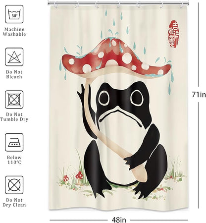 LGhtyro Funny Frog Shower Curtain Bathroom Set 48Wx71H Inches Mushroom Lovely Asian Japanese Style Traditional Black Beige Green Grassland Bath Accessories Frog Art Home Decor Fabric 8 Pack Hooks