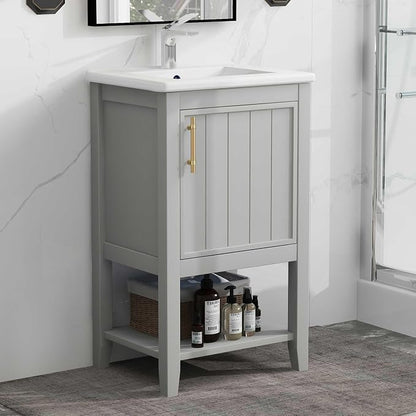20" Bathroom Vanity Cabinet with Ceramic Sink Top Set, Freestanding, Two-Tier Storage Rack, Soft Closing Door, Grey