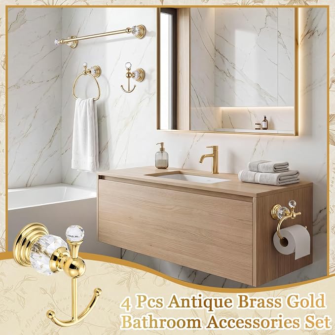 4 Pcs Polished Gold Crystal Bathroom Accessories Set with Adjustable Towel Bar & Semicircular Towel Ring & Toilet Paper Holder & Robe Hook, Luxury Vintage Bath Hardware Fixture Set (style 9)